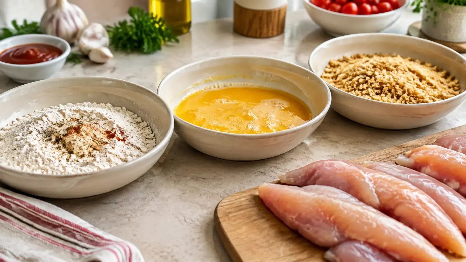 Breading station with flour, egg, panko breadcrumbs, and chicken tenders