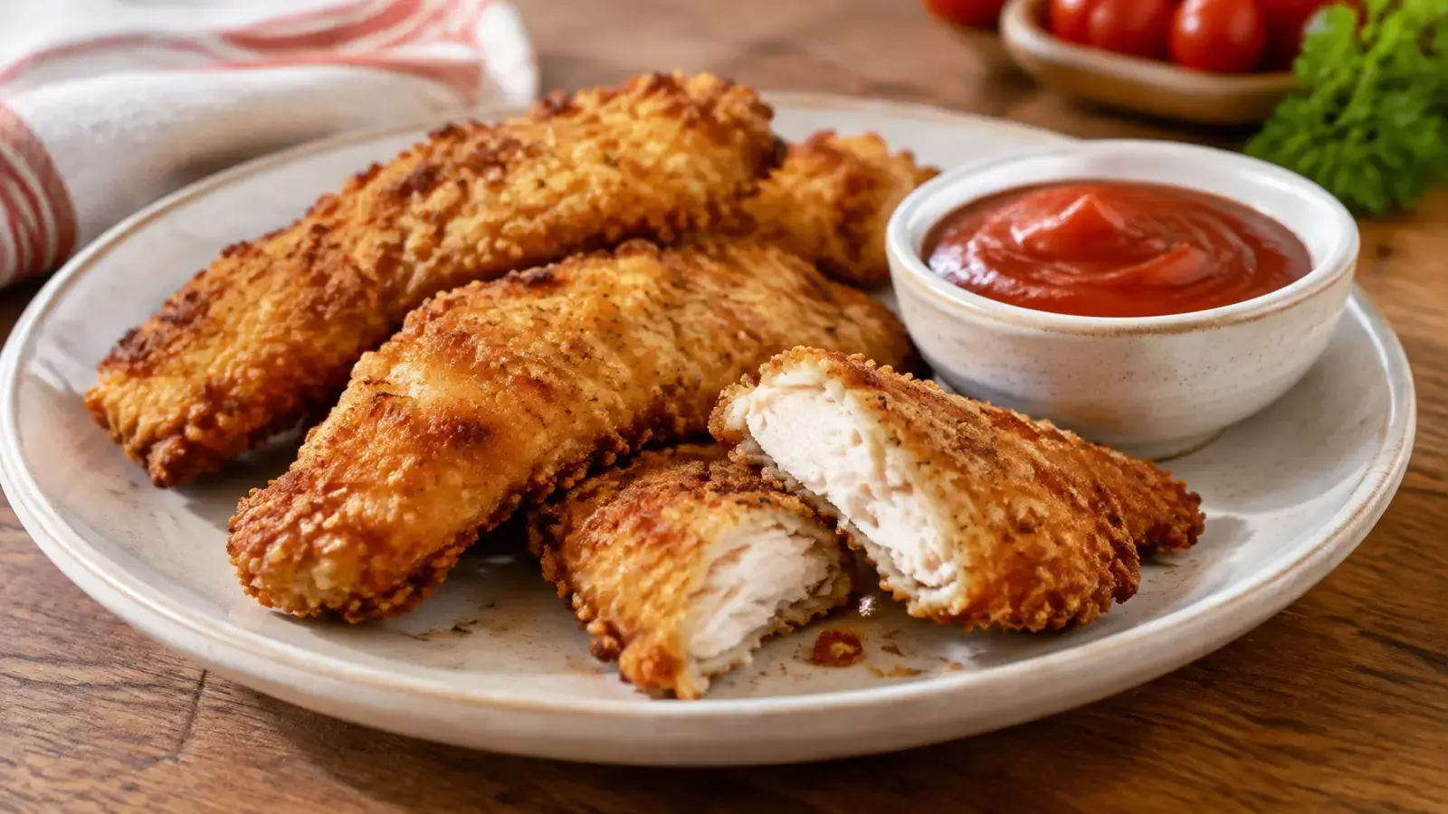 Finished air fryer chicken tenders with tomato dipping sauce