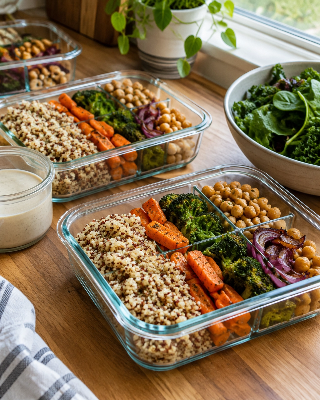 Meal-prep containers filled with quinoa, roasted vegetables, chickpeas, greens and lemon-tahini dressing
