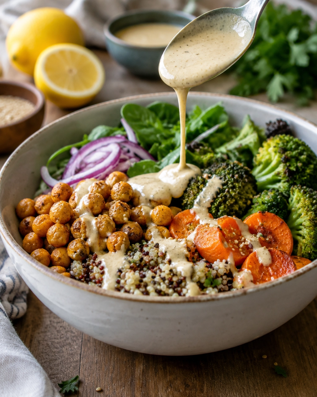 Lemon-tahini dressing being poured over a vegan Buddha bowl with quinoa, roasted vegetables and chickpeas