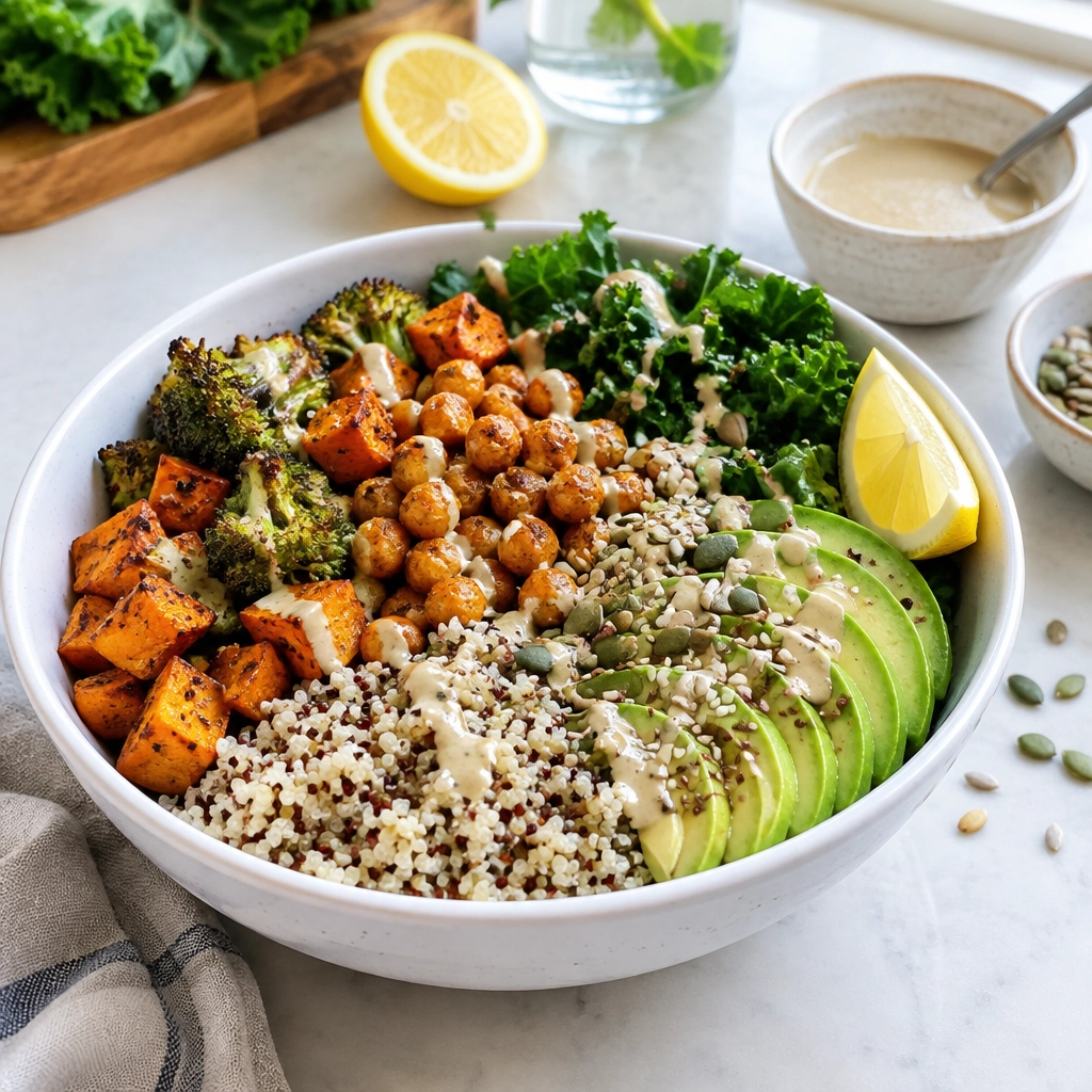 Finished vegan Buddha bowl with quinoa, roasted vegetables, greens, avocado, seeds and tahini dressing