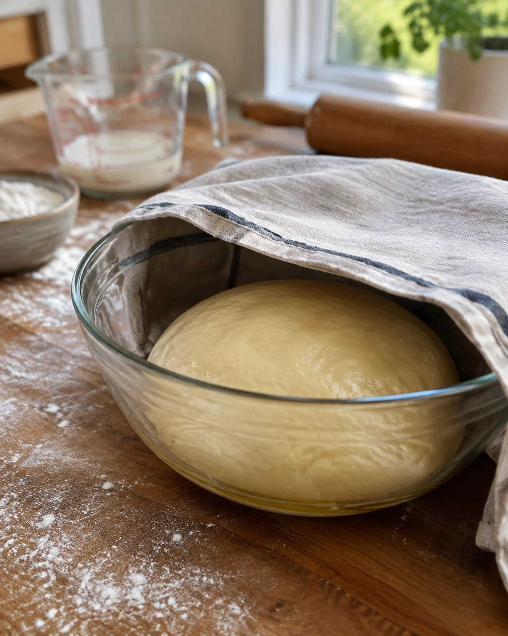 Soft enriched cinnamon roll dough resting in a glass bowl in a real home kitchen