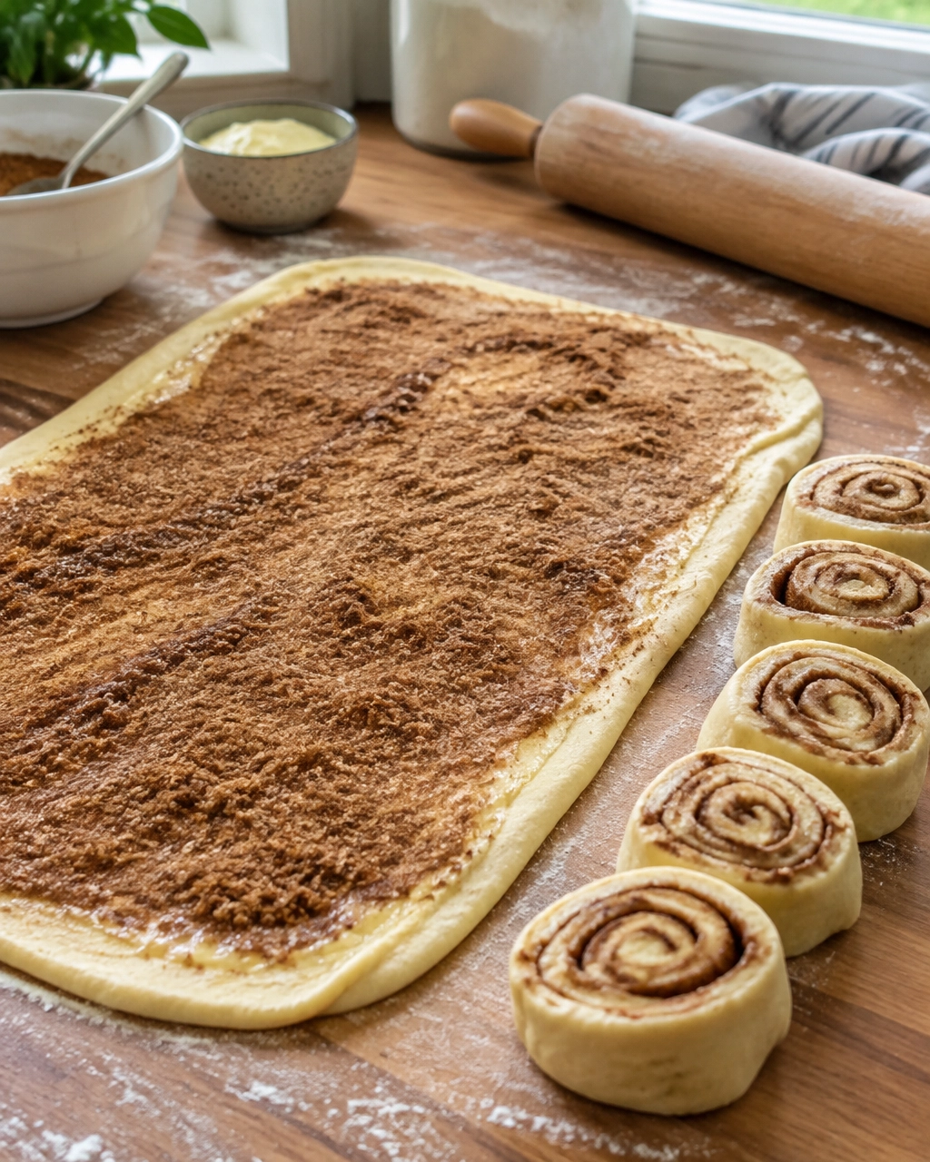 Cinnamon roll dough covered with butter, brown sugar, and cinnamon before slicing