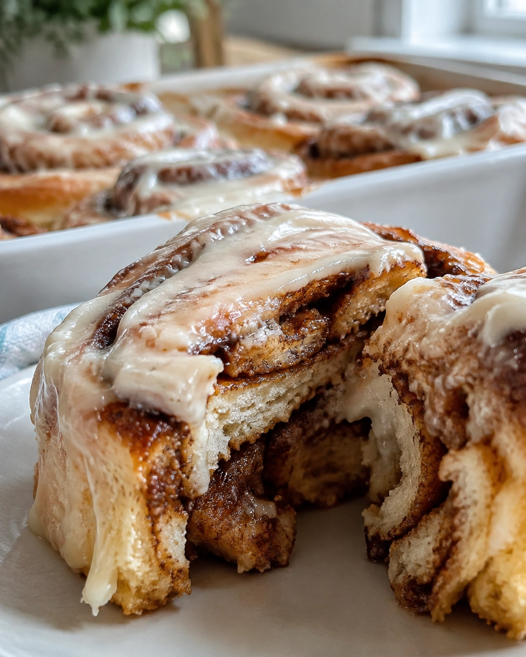 Freshly baked cinnamon roll being pulled apart to show soft, gooey cinnamon layers
