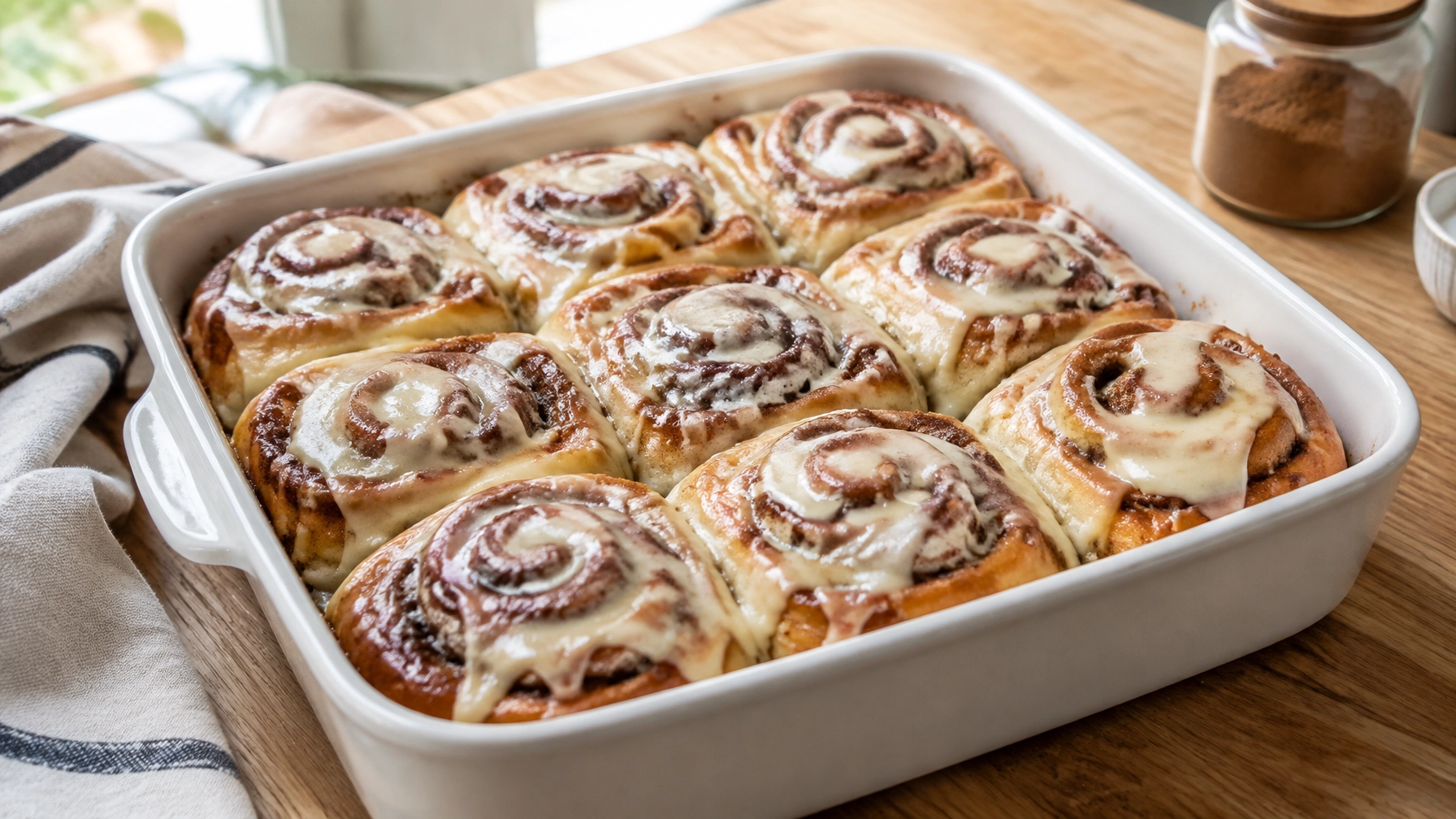 A baking dish filled with soft homemade cinnamon rolls topped with melting cream cheese glaze