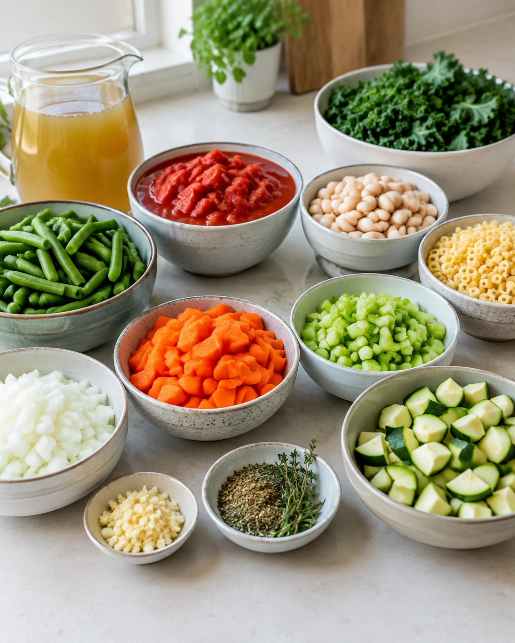 Prepared vegetables and ingredients for classic minestrone soup on a kitchen worktop