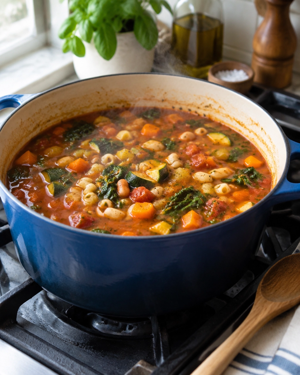 Minestrone soup simmering with colourful vegetables, beans and pasta in a Dutch oven