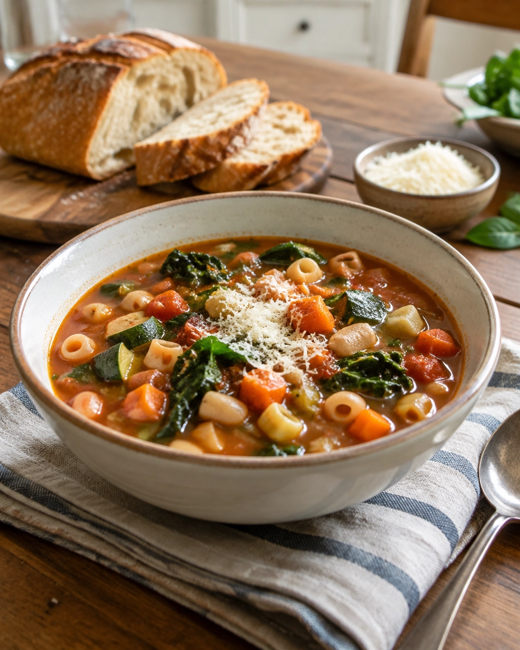 Finished minestrone soup served with crusty bread and grated Parmesan
