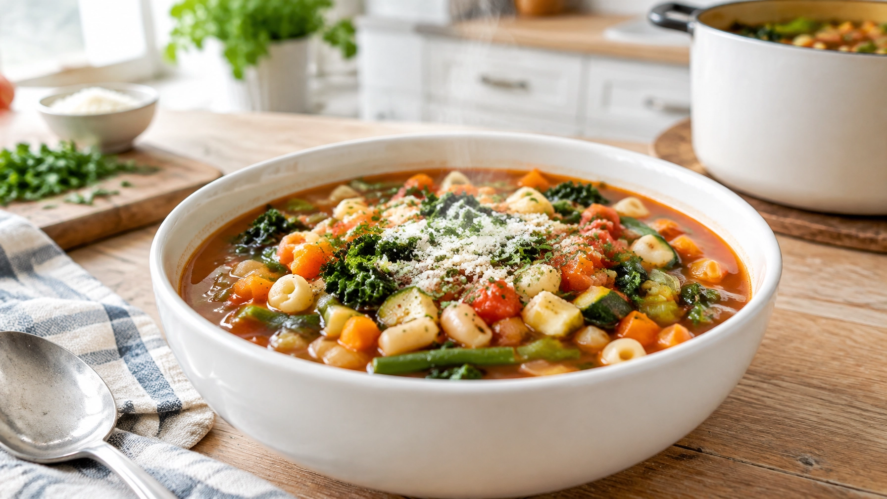 A bowl of classic vegetable-packed minestrone soup with beans, pasta, carrots, greens and tomatoes