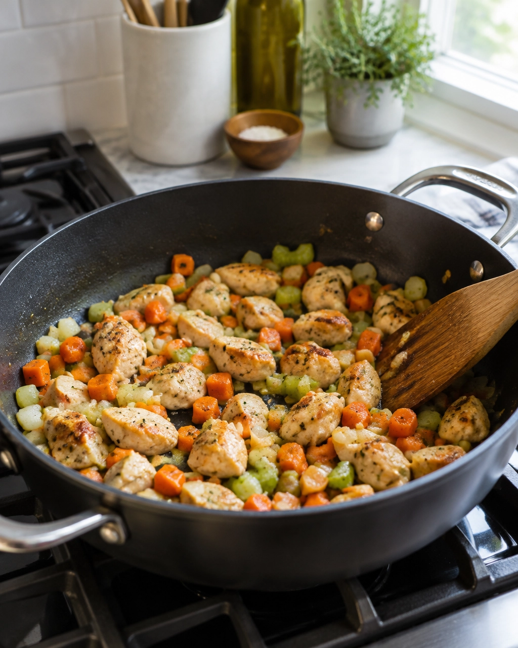 Chicken and vegetables being sautéed in a deep skillet before the rice is added
