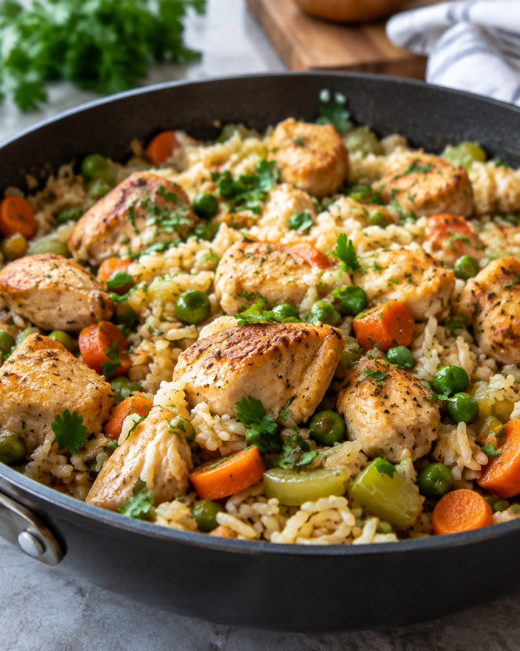 Finished one-pot chicken and rice with distinct rice grains, vegetables and parsley