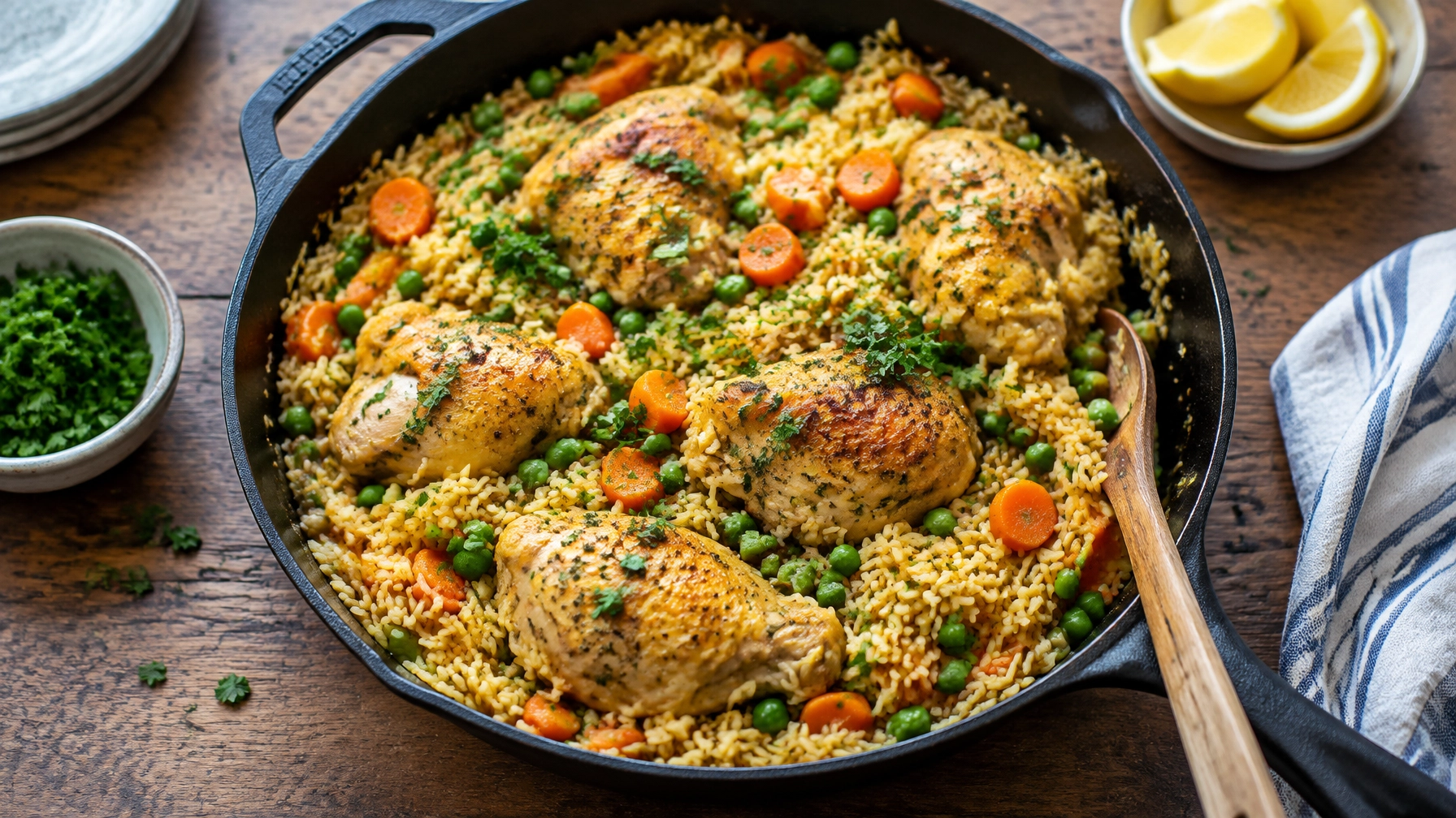 Family-style overhead serving of one-pot chicken and rice with parsley and lemon wedges