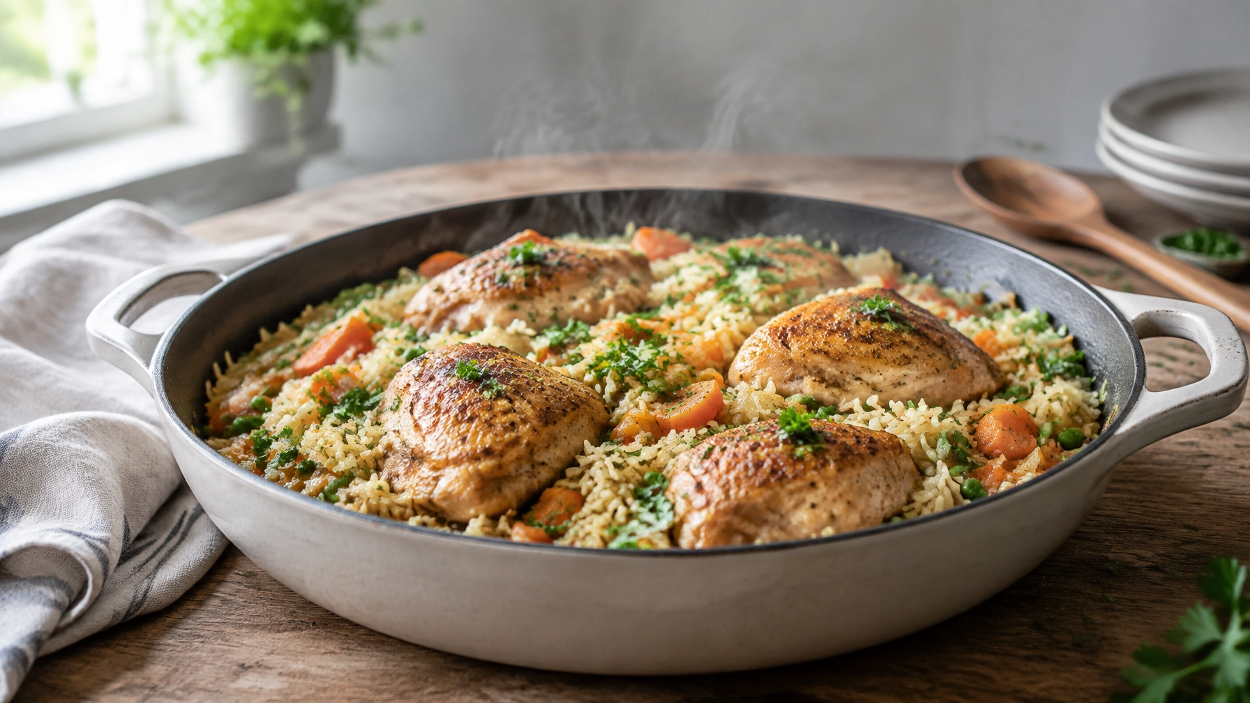 One-pot chicken and rice with golden chicken, fluffy rice, carrots, peas and parsley in a deep skillet