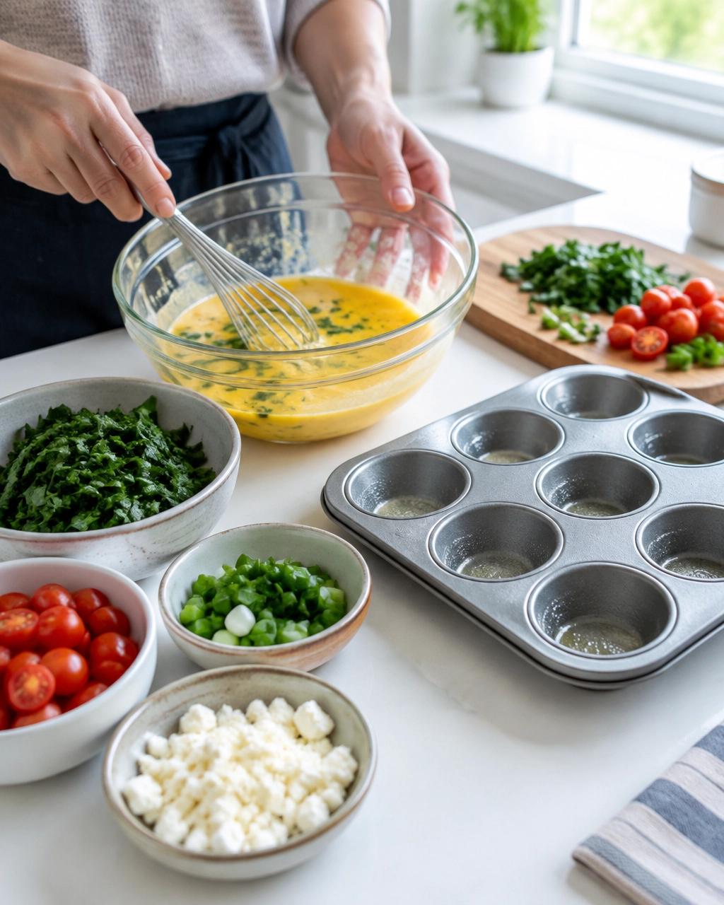 Preparing healthy veggie egg muffins with whisked eggs, vegetables and a muffin tin in a real kitchen