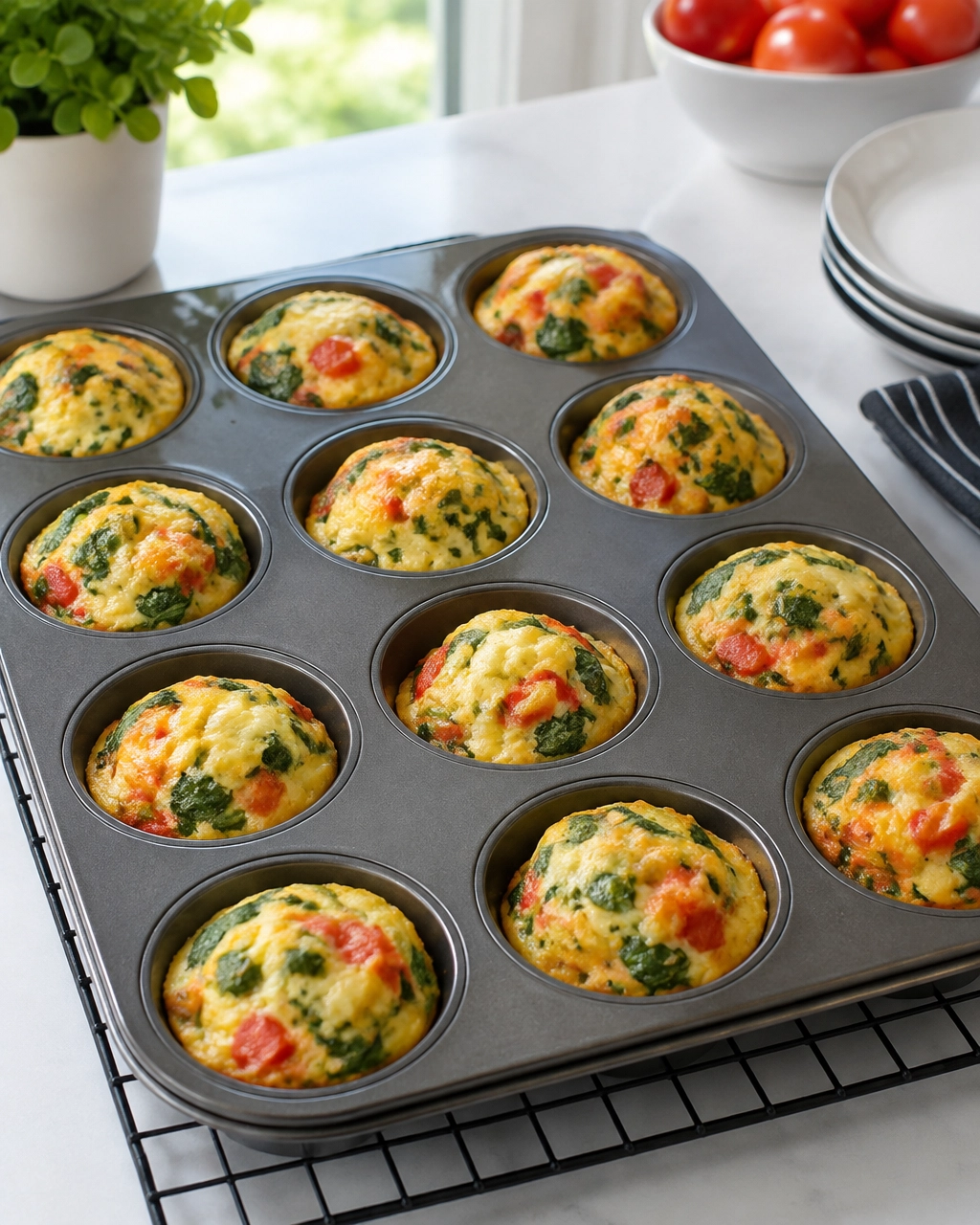 Freshly baked healthy veggie egg muffins cooling in a muffin tin on a wire rack