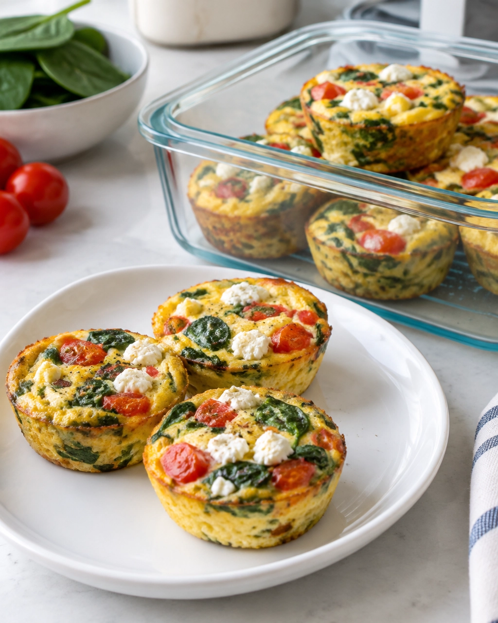 Meal-prepped veggie egg muffins in an airtight glass container beside a serving plate
