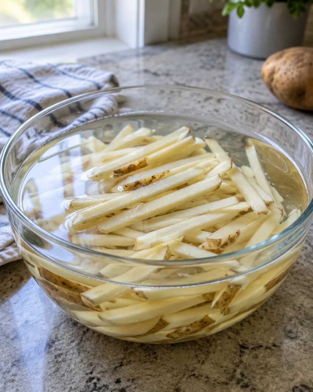 Russet potato fries soaking in cold water before air frying