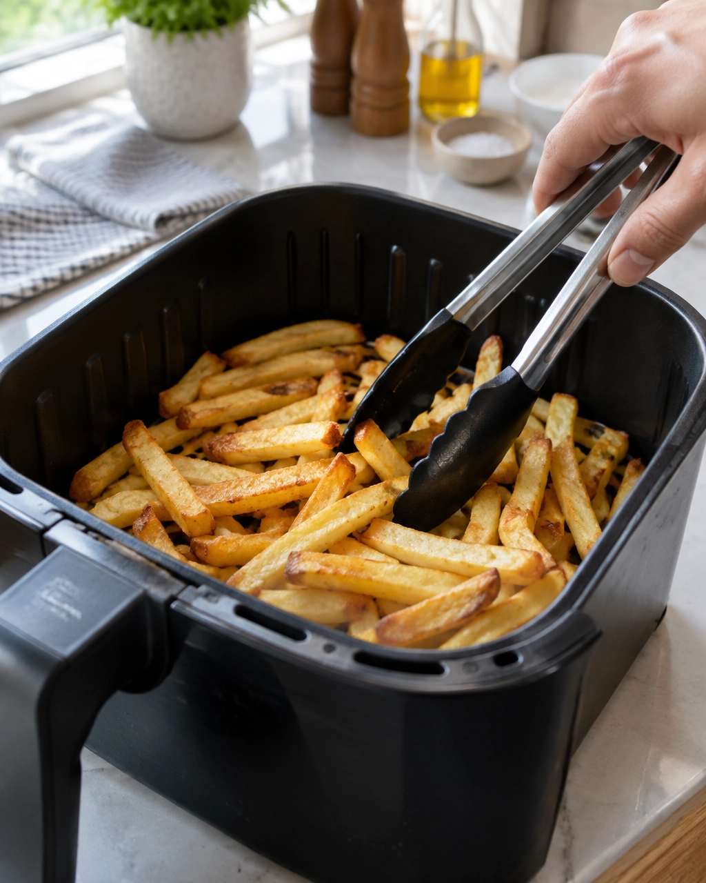 Golden French fries being tossed in an air fryer basket