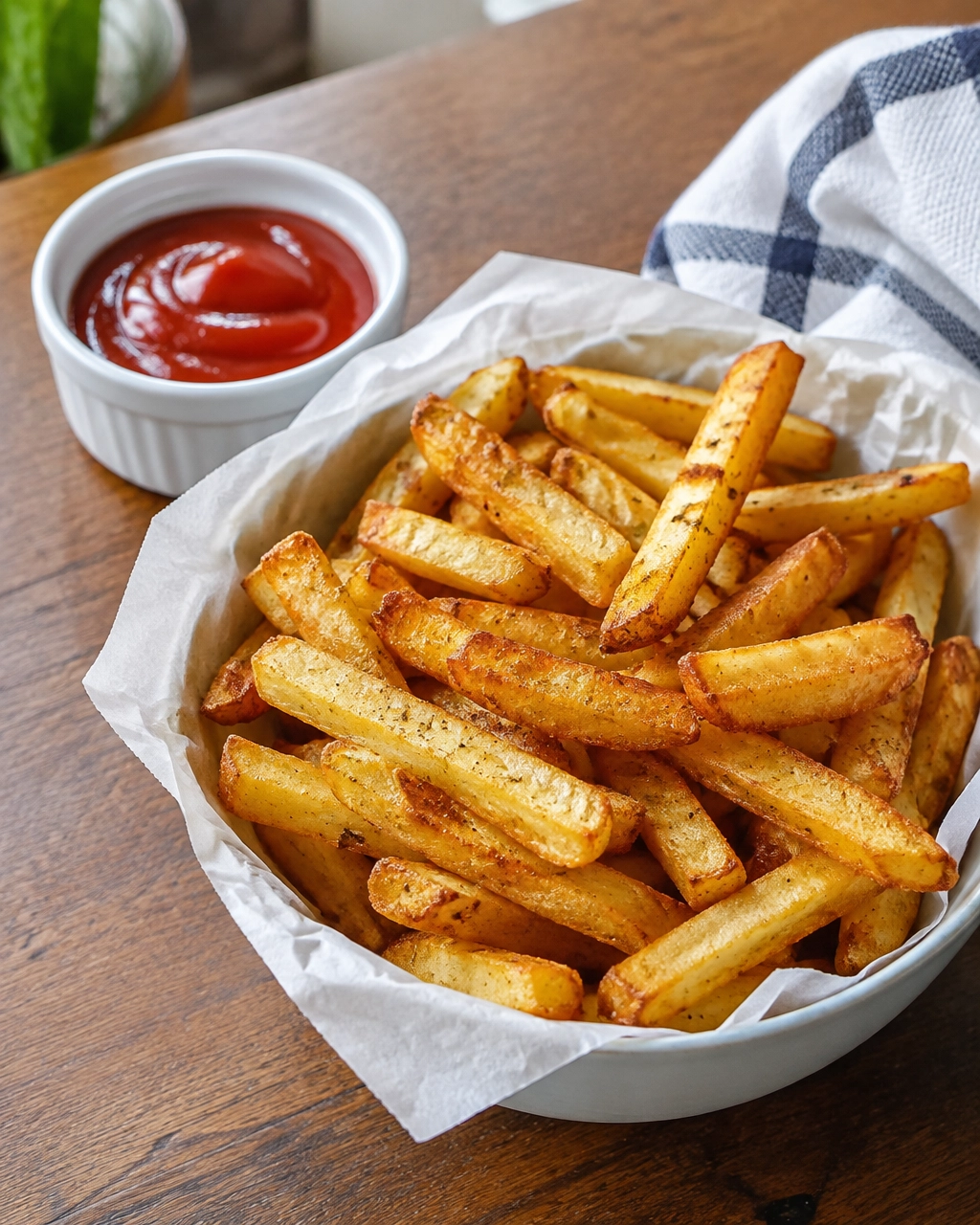 Finished air fryer French fries served with ketchup