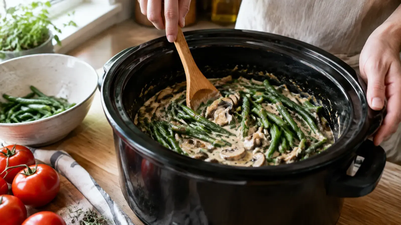 Green beans being stirred into creamy mushroom sauce in a slow cooker