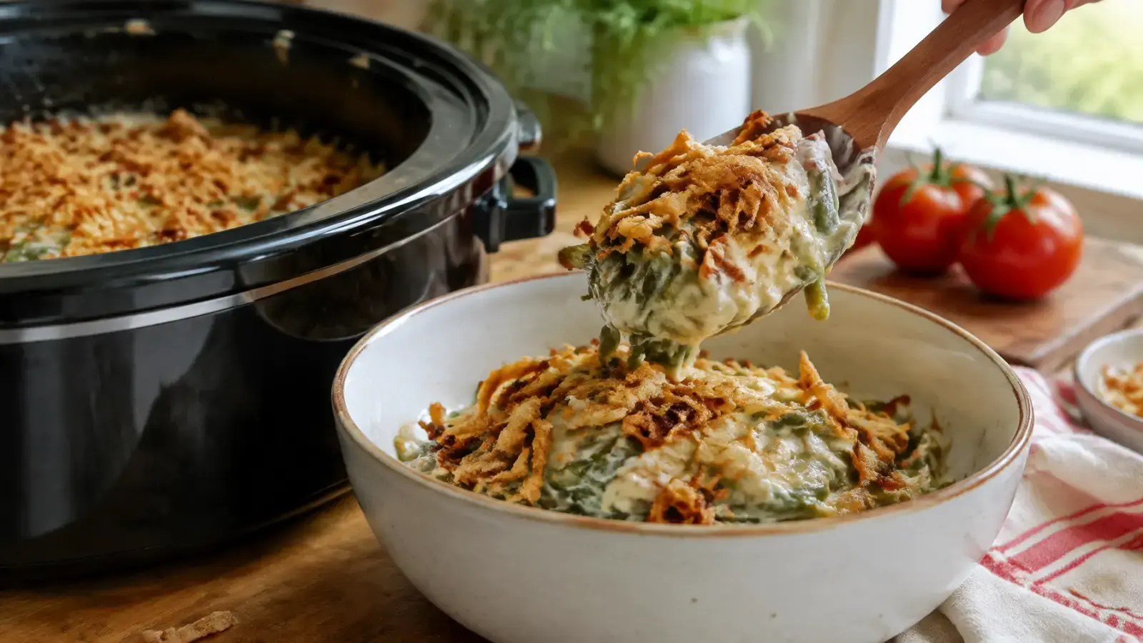 Creamy slow cooker green bean casserole served in a cream ceramic bowl