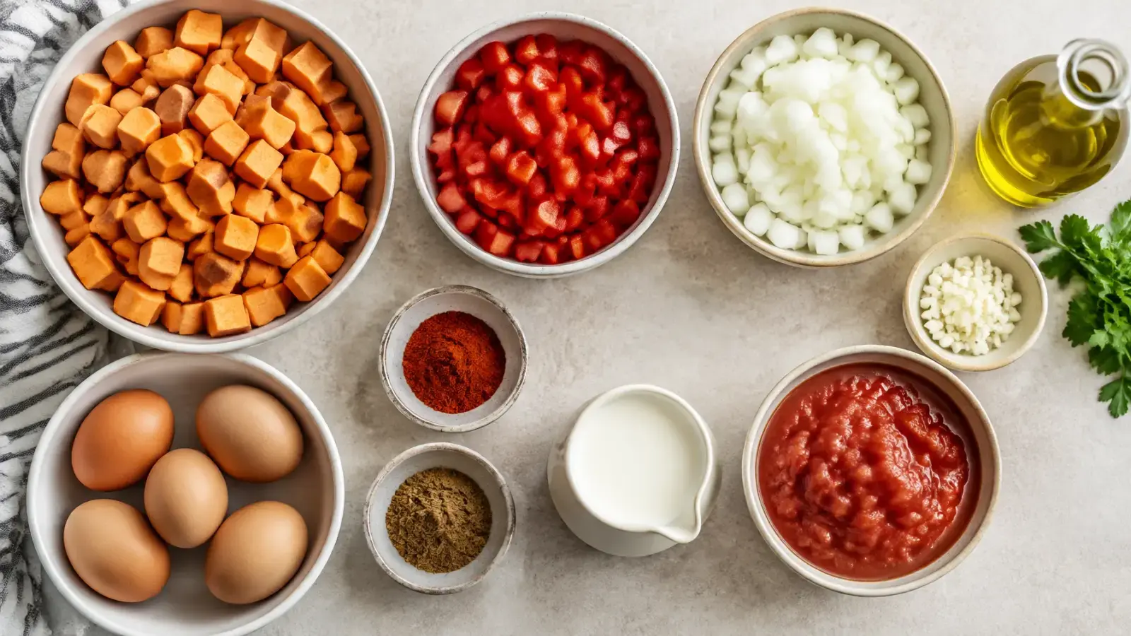 Sweet potato hash ingredients arranged on a kitchen counter