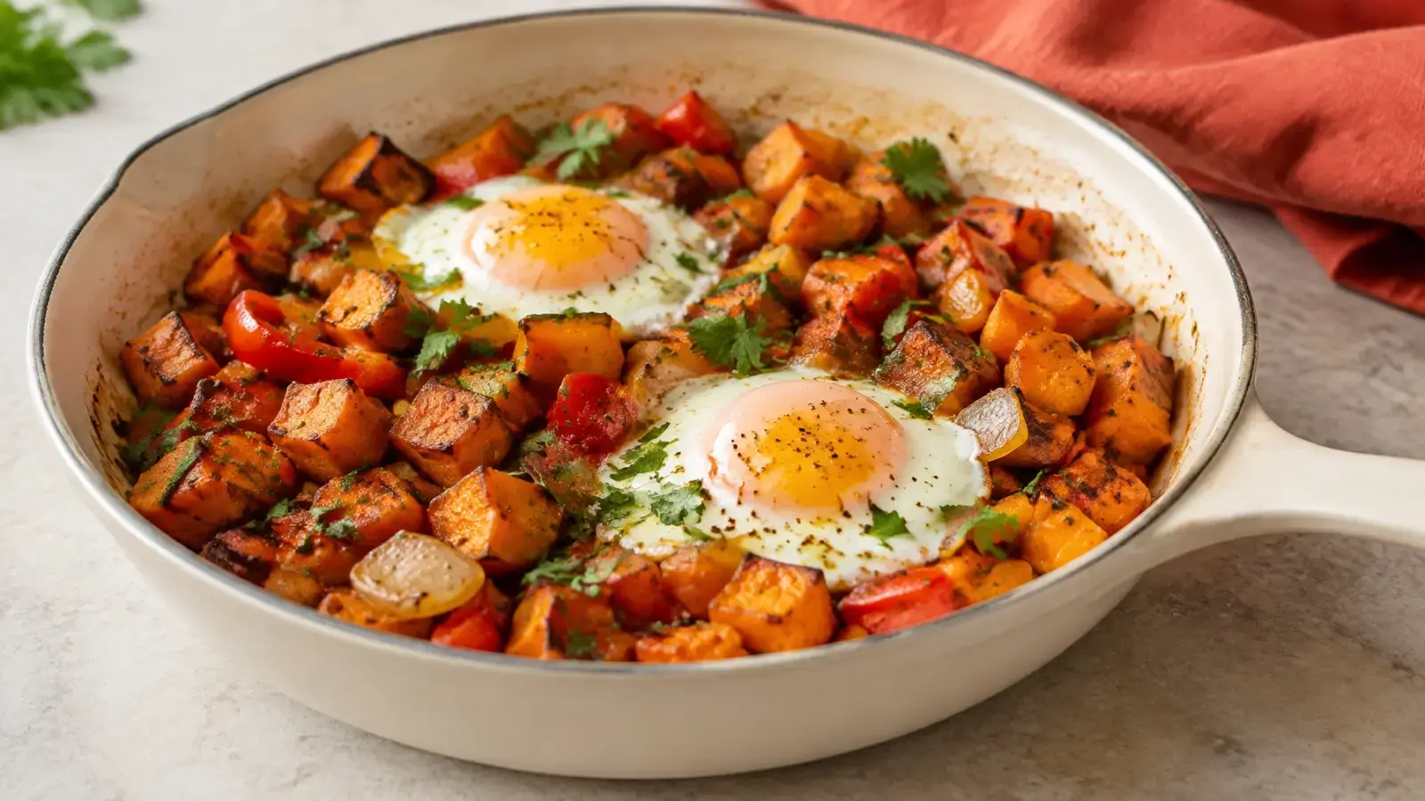 Finished sweet potato hash and eggs served from a cream ceramic skillet