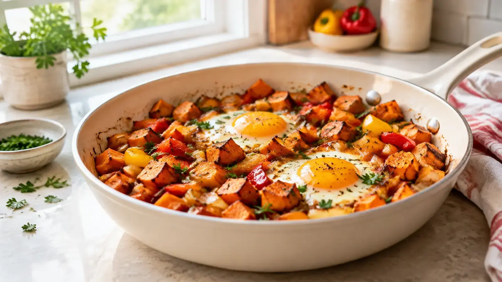 One-pan sweet potato hash with eggs in a cream ceramic skillet