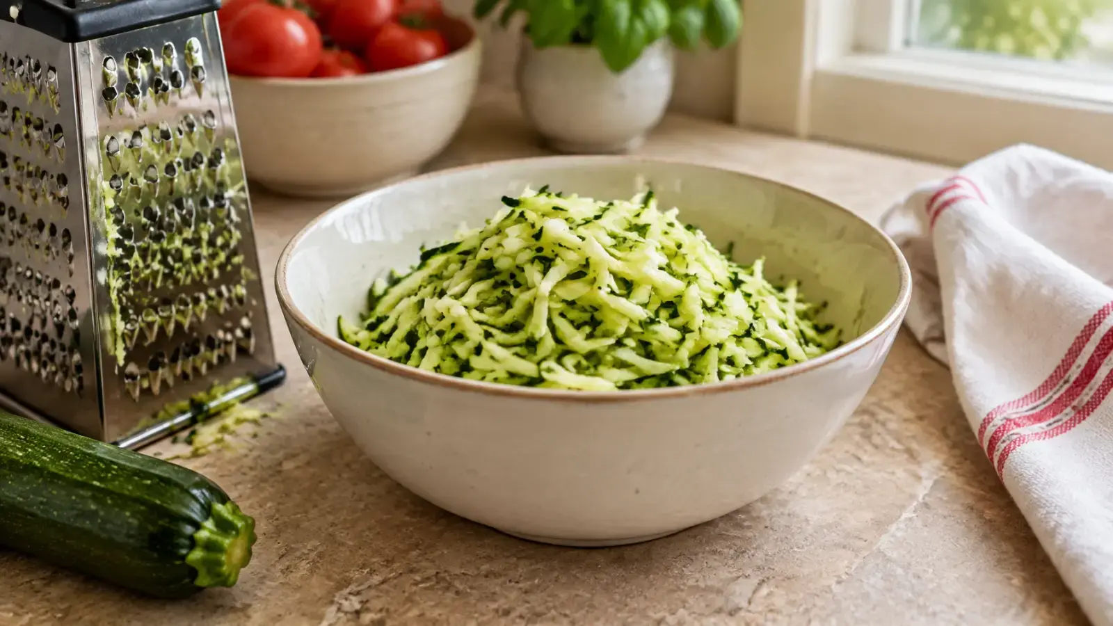 Freshly grated zucchini in a ceramic bowl beside a box grater