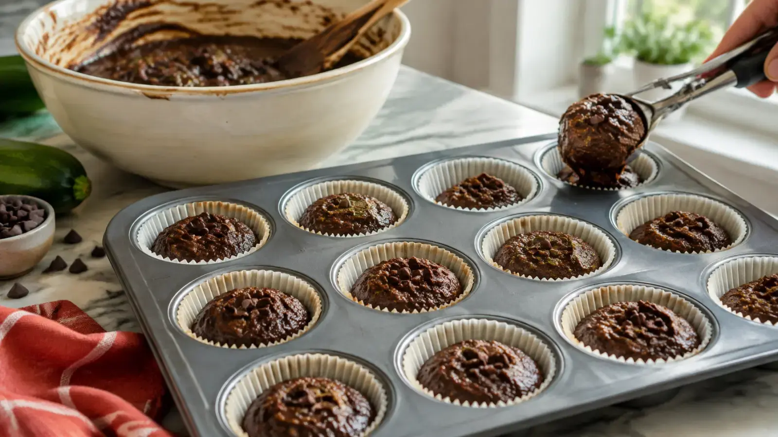 Thick chocolate muffin batter being portioned into a lined muffin tin