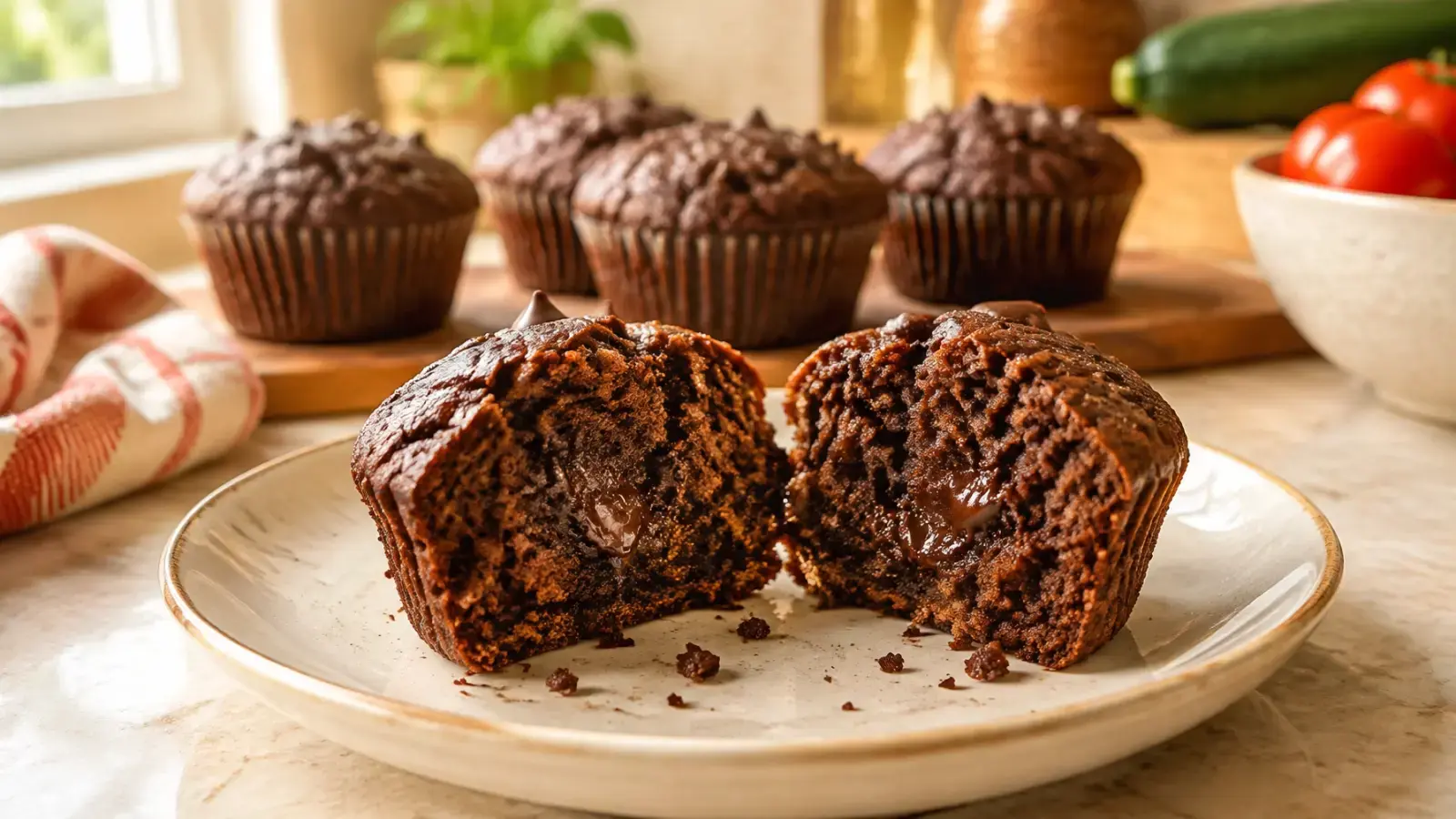 Chocolate zucchini muffin cut open to show its moist fudgy centre