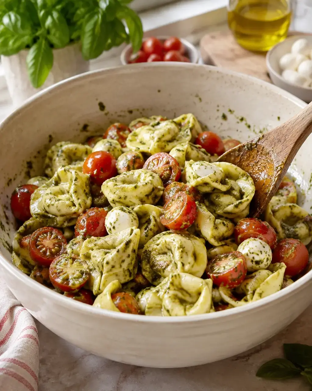 Cooked cheese tortellini being tossed with basil pesto in a cream ceramic bowl