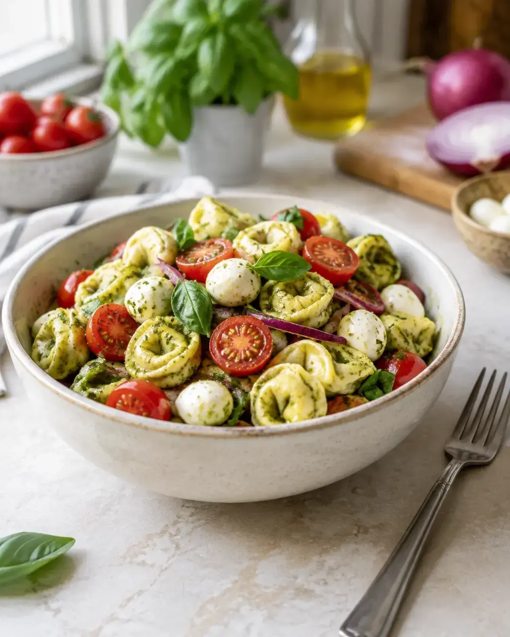 Chilled pesto tortellini pasta salad served in a cream stoneware bowl with tomatoes and mozzarella