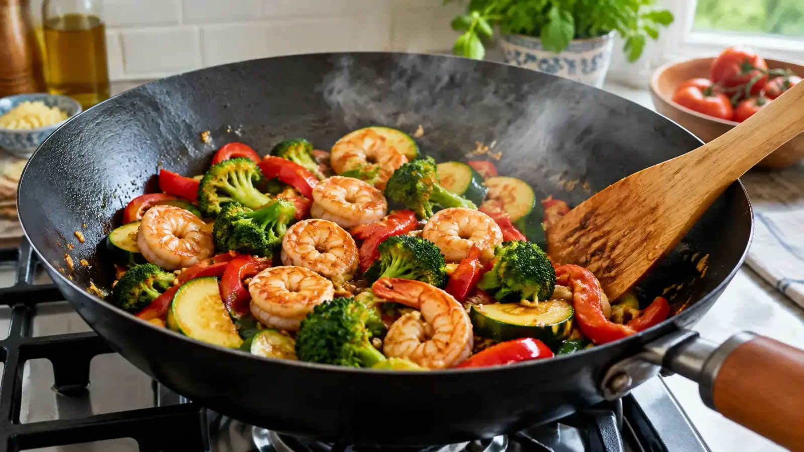 Shrimp and vegetables cooking in a wok with garlic-ginger sauce