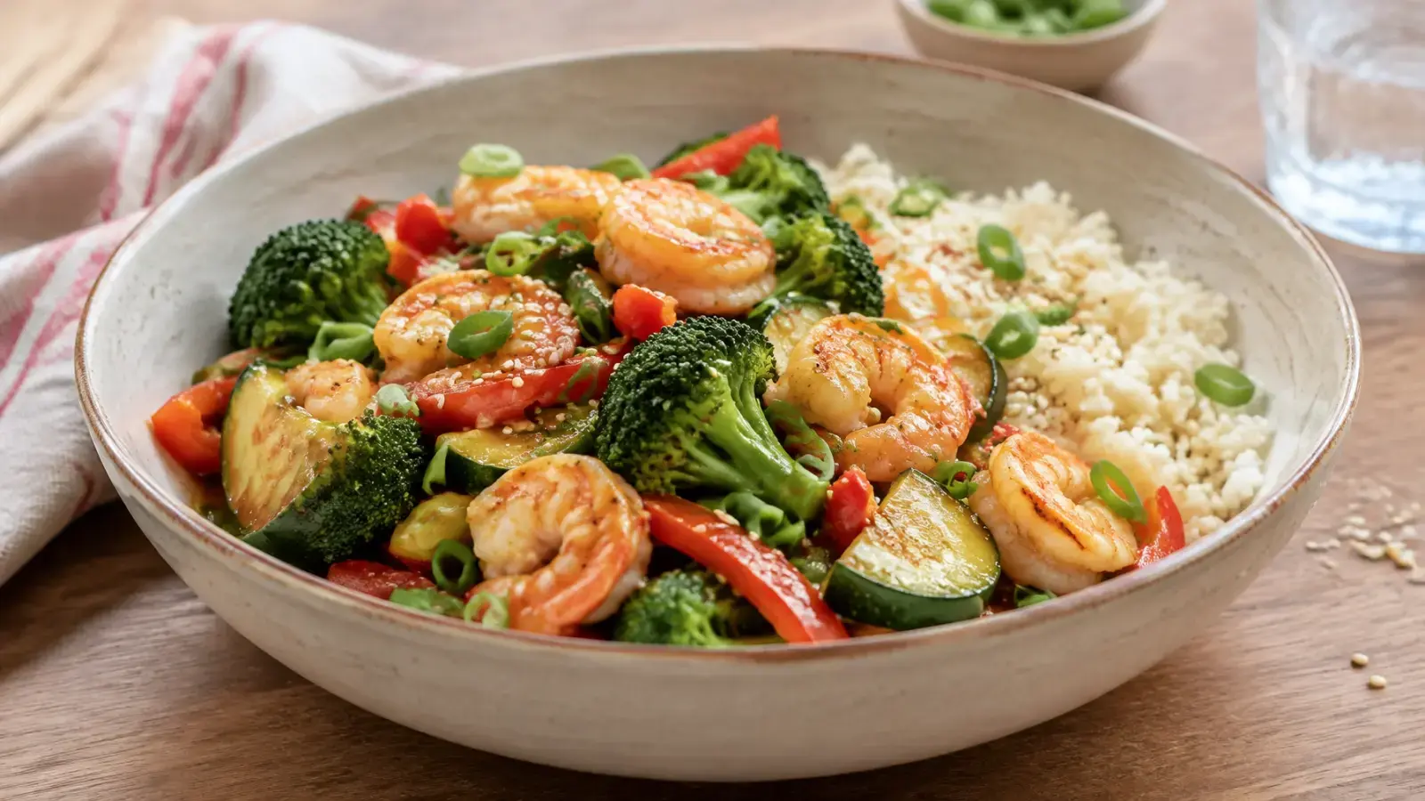 Finished low-carb shrimp stir fry served in a cream bowl