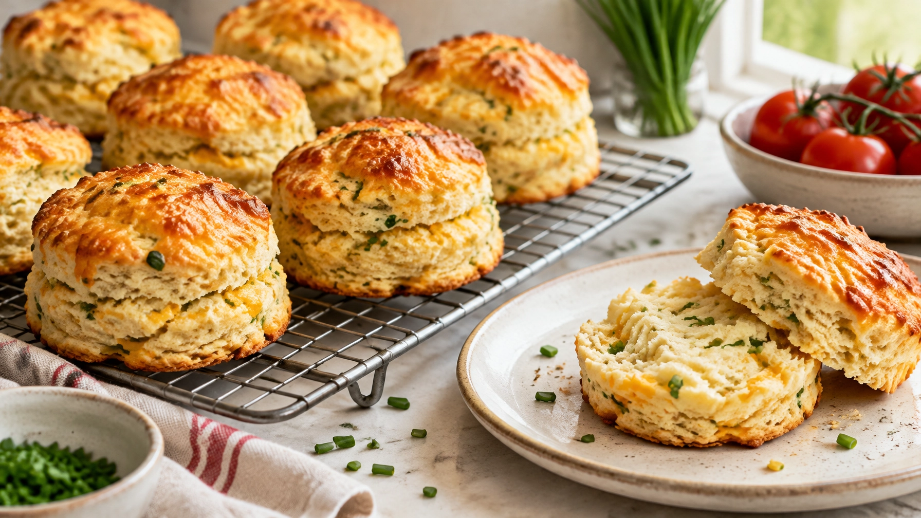 Baked cheddar and chive scones cooling on a wire rack