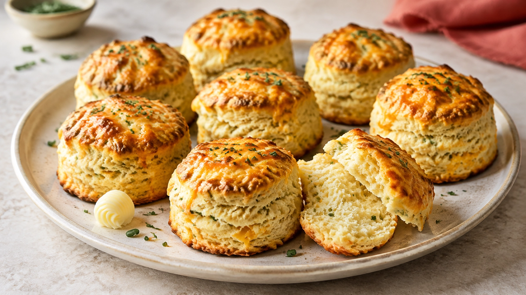 Golden cheddar and chive scones on a cream ceramic plate, one split to show the crumb