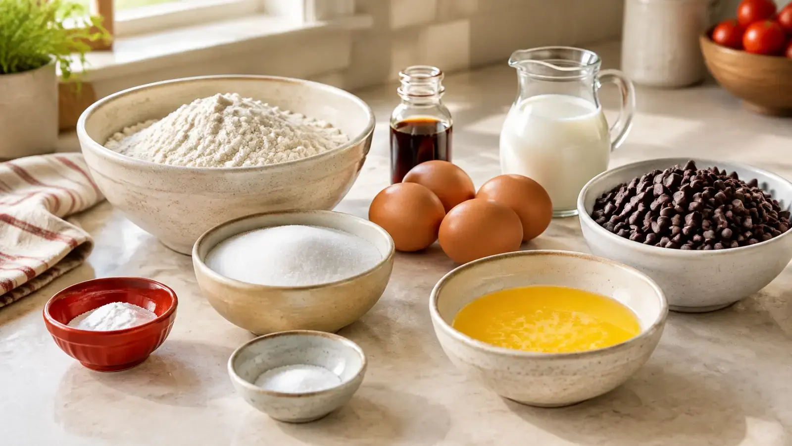 Muffin ingredients arranged on a cream kitchen work surface with chocolate chips