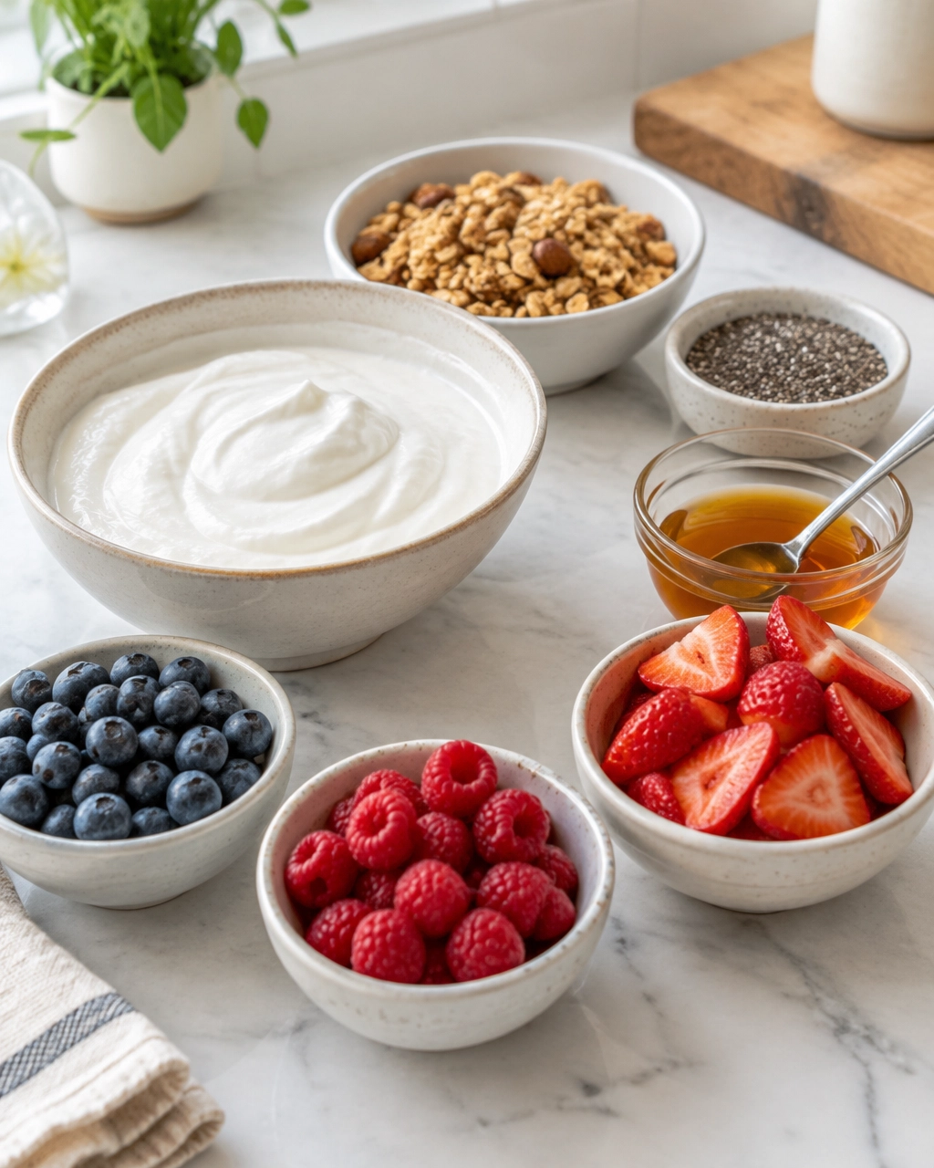 Greek yogurt parfait ingredients arranged on a kitchen counter