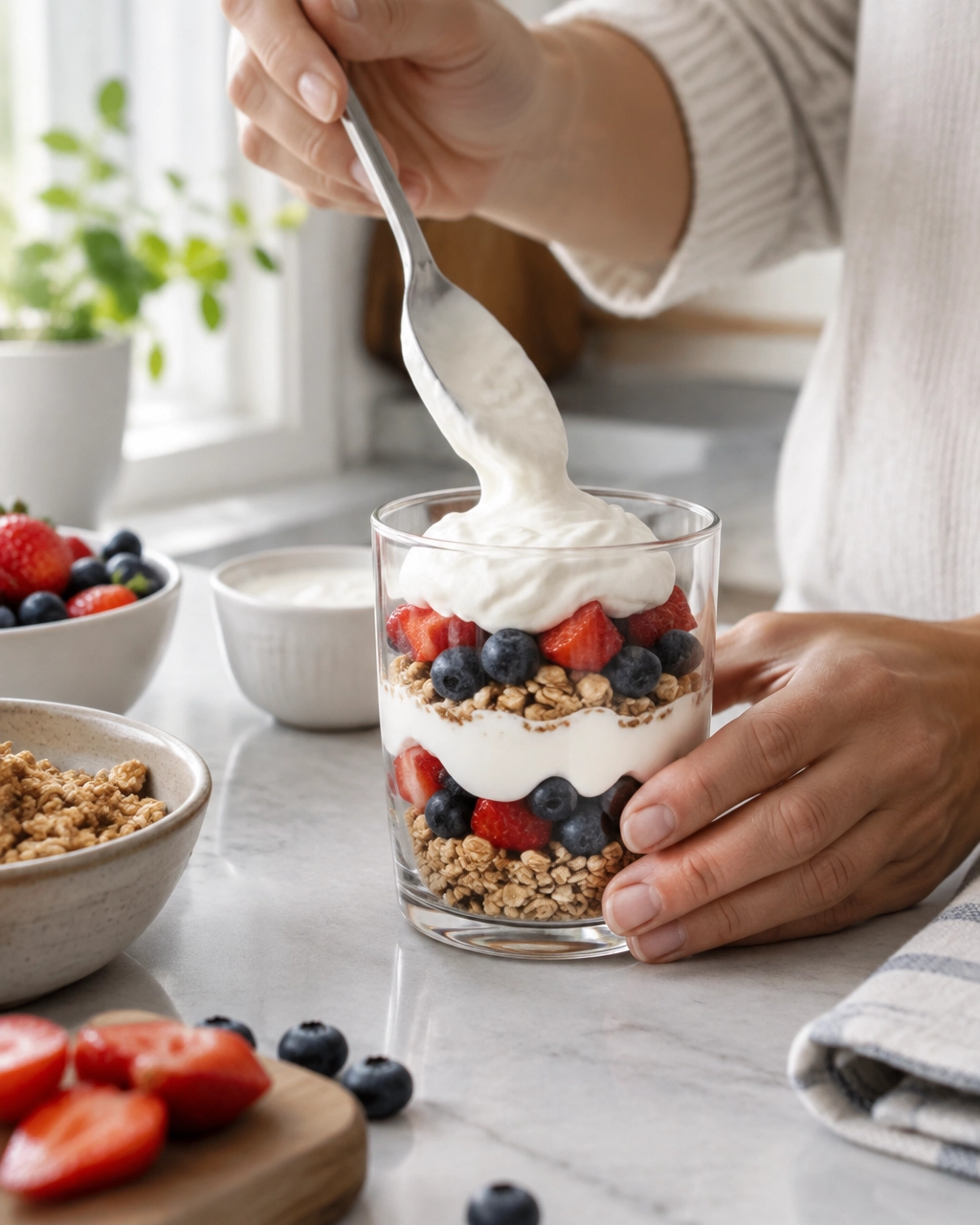 Hands assembling a layered Greek yogurt parfait in a clear glass