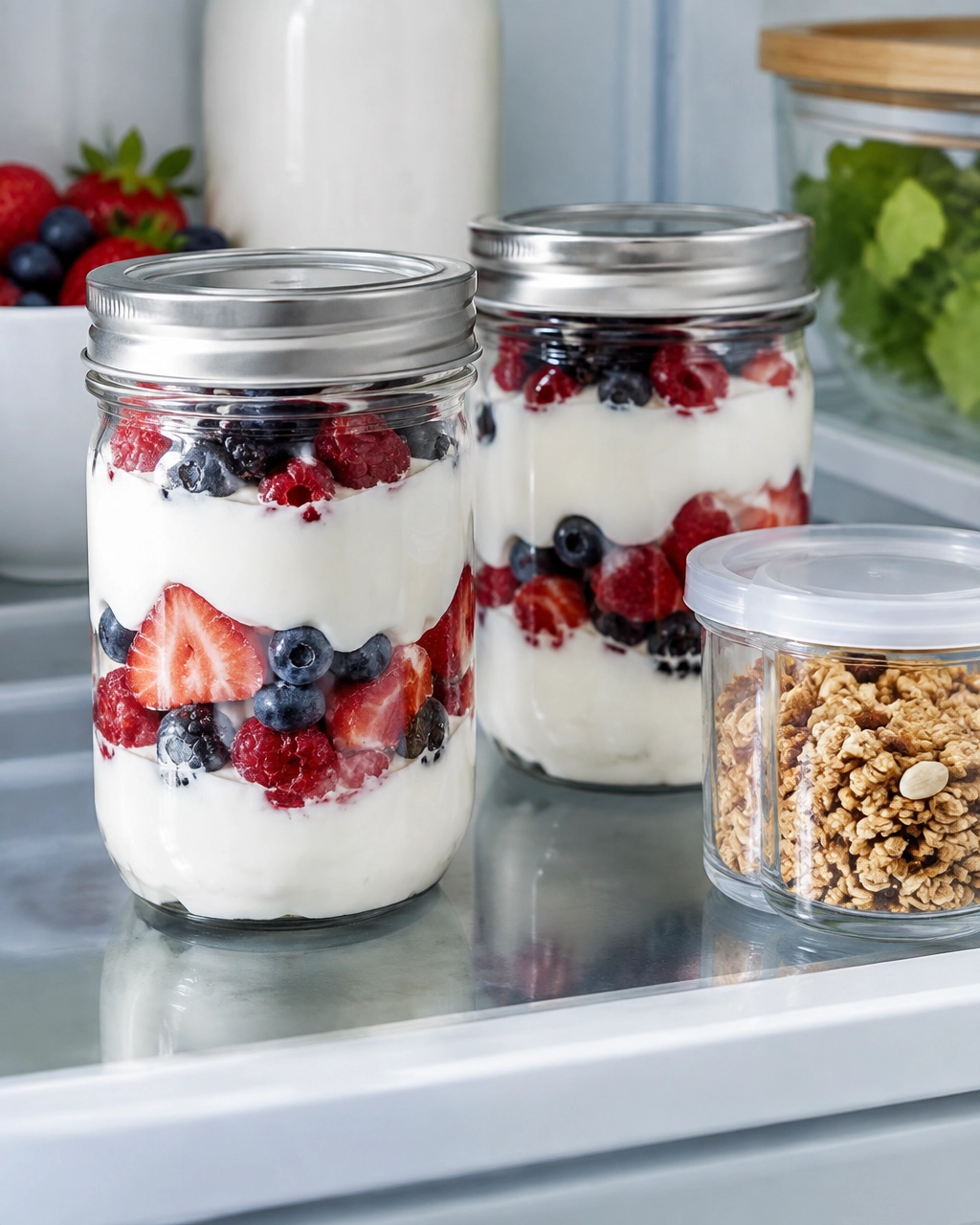 Prepared Greek yogurt parfait jars ready for breakfast meal prep
