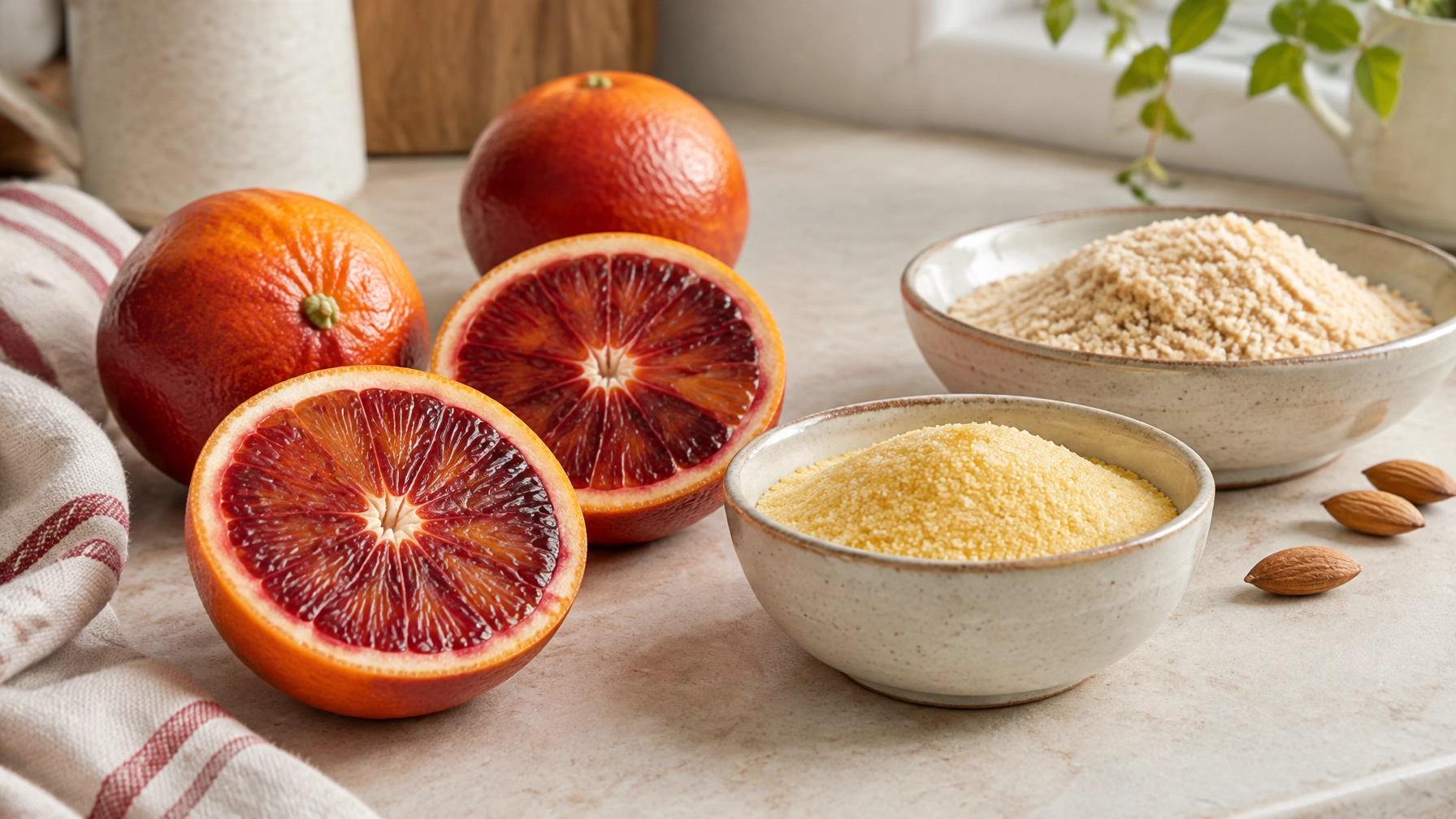 Blood oranges, fine polenta and ground almonds arranged on a pale surface