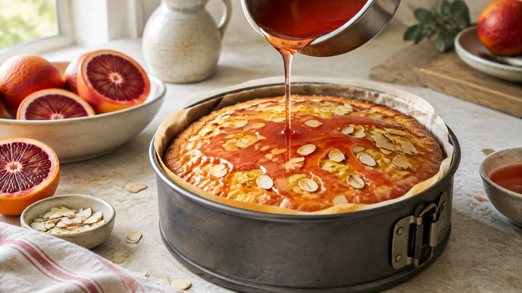 Warm citrus syrup being poured over a freshly baked polenta cake