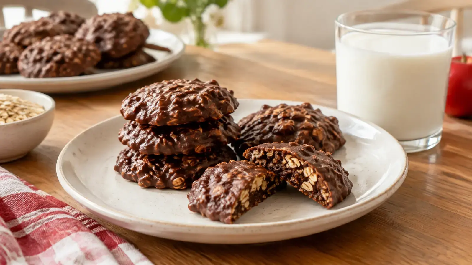 Finished no-bake chocolate oatmeal cookies served with milk