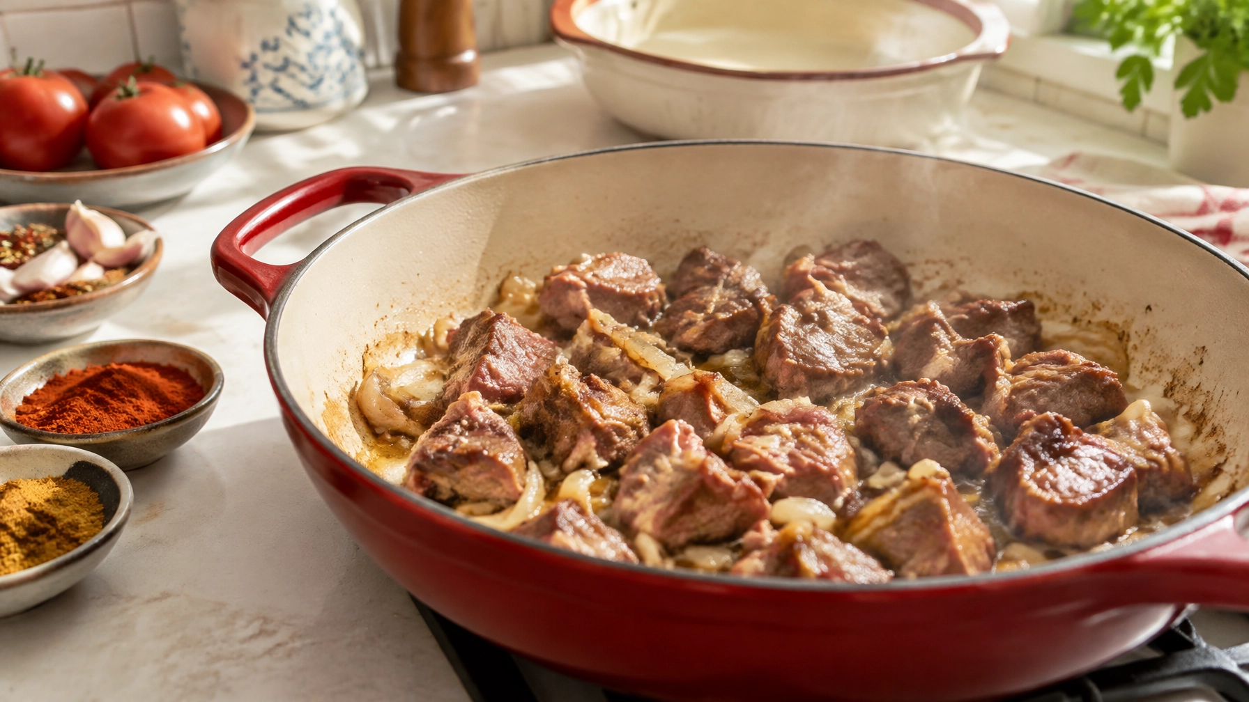 Onion and garlic prepared with lamb and spices for a slow cooker tagine