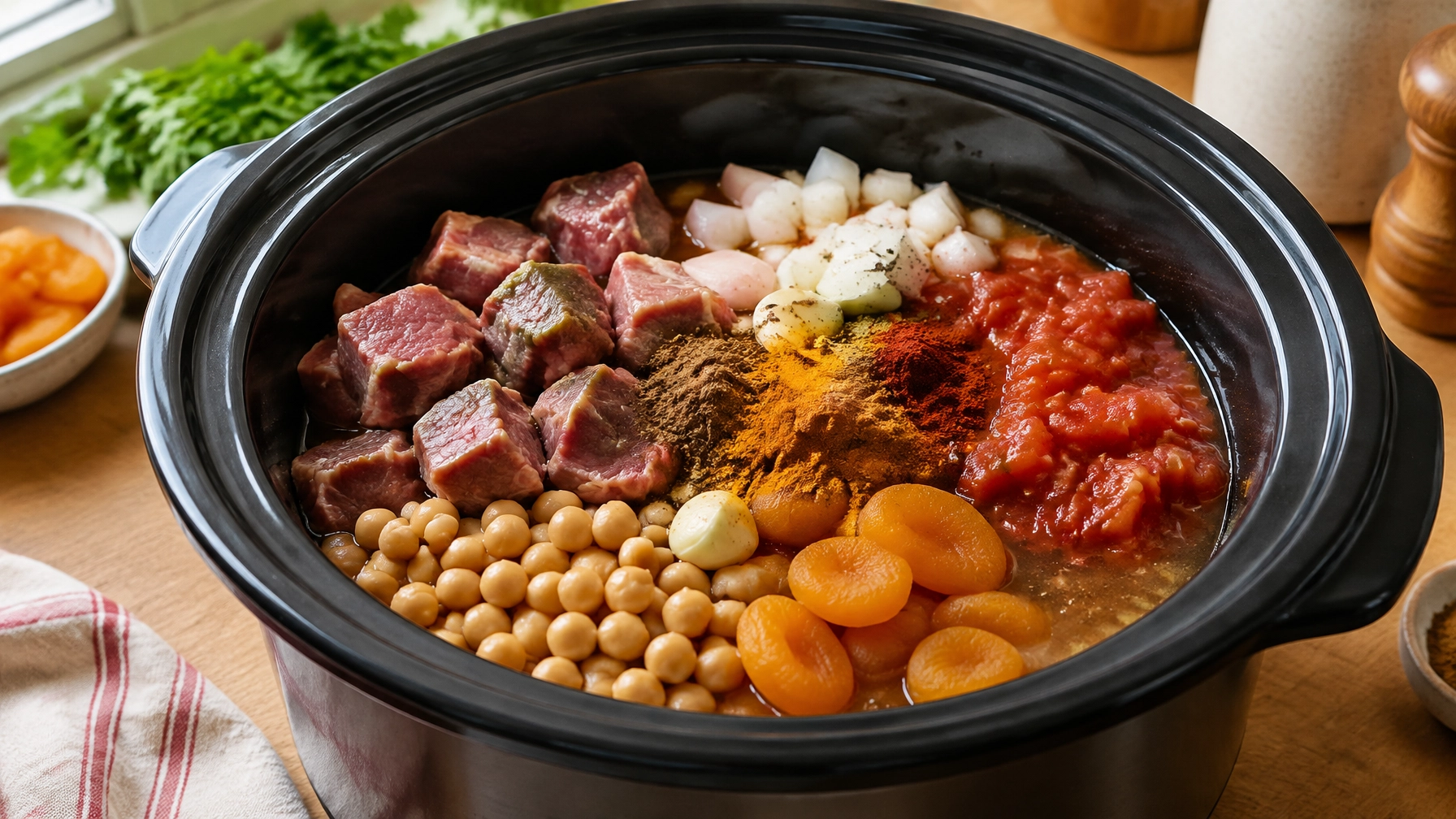 Lamb, chickpeas, apricots, tomatoes and spices arranged for slow cooking