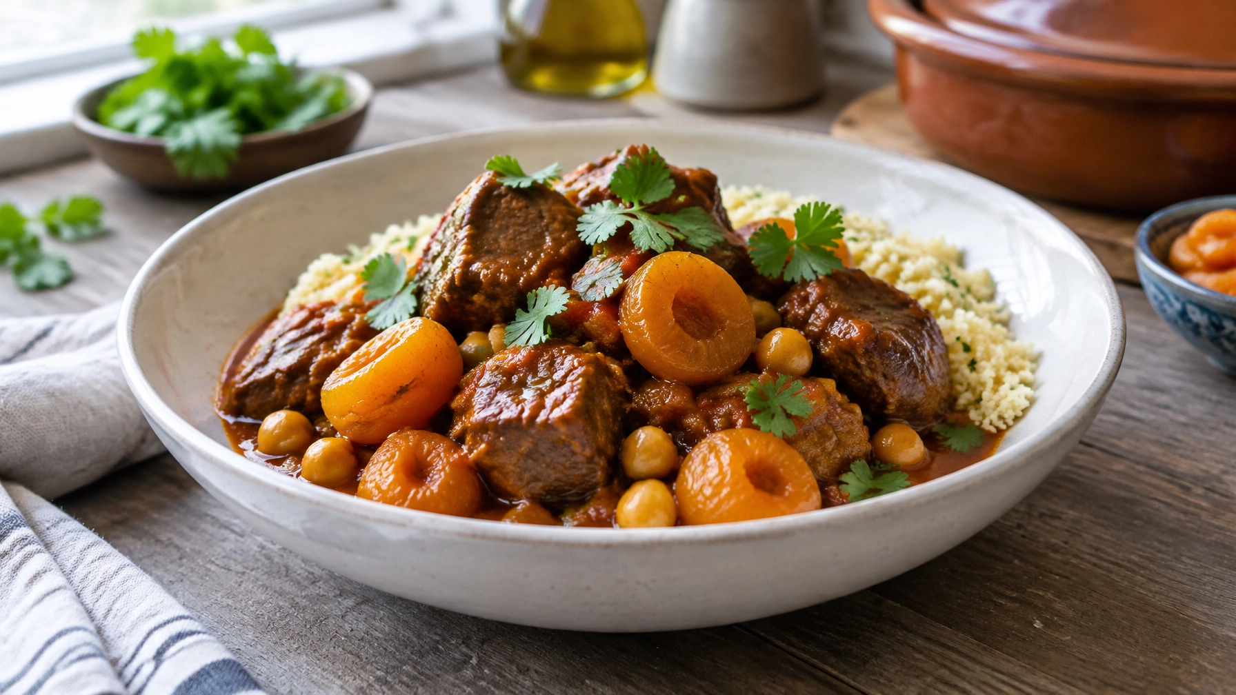 Finished slow cooker lamb and apricot tagine with chickpeas and fresh coriander