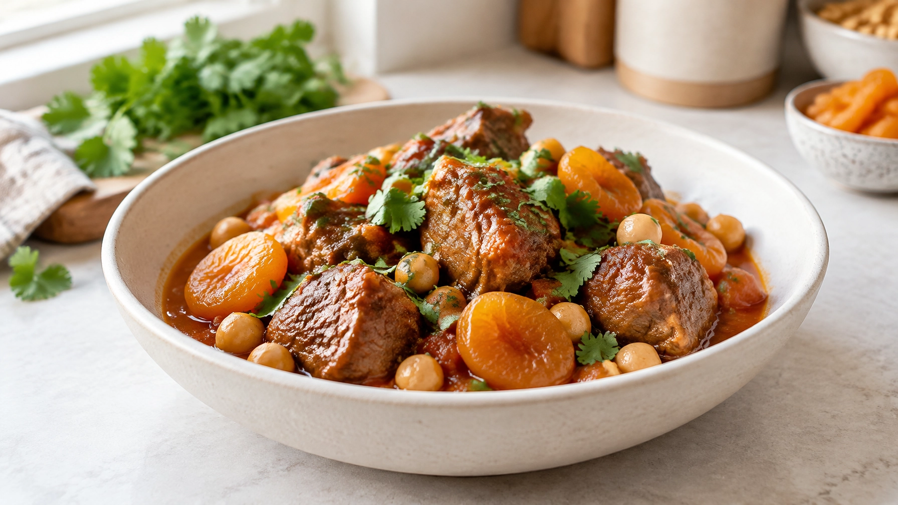 Slow cooker lamb and apricot tagine served in a cream ceramic bowl