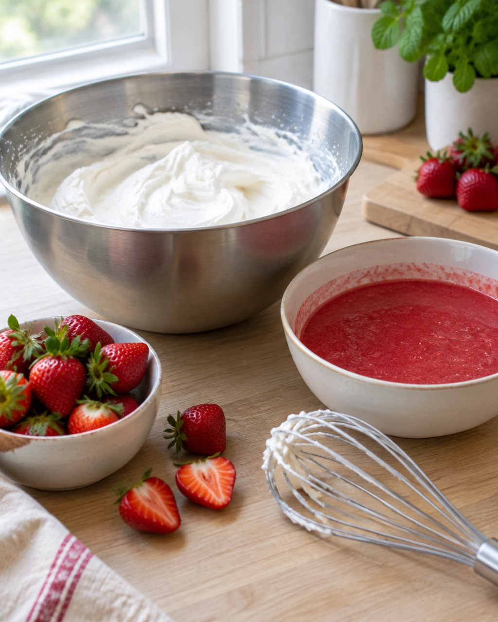 Strawberry puree, whipped cream and fresh berries prepared for homemade ice cream