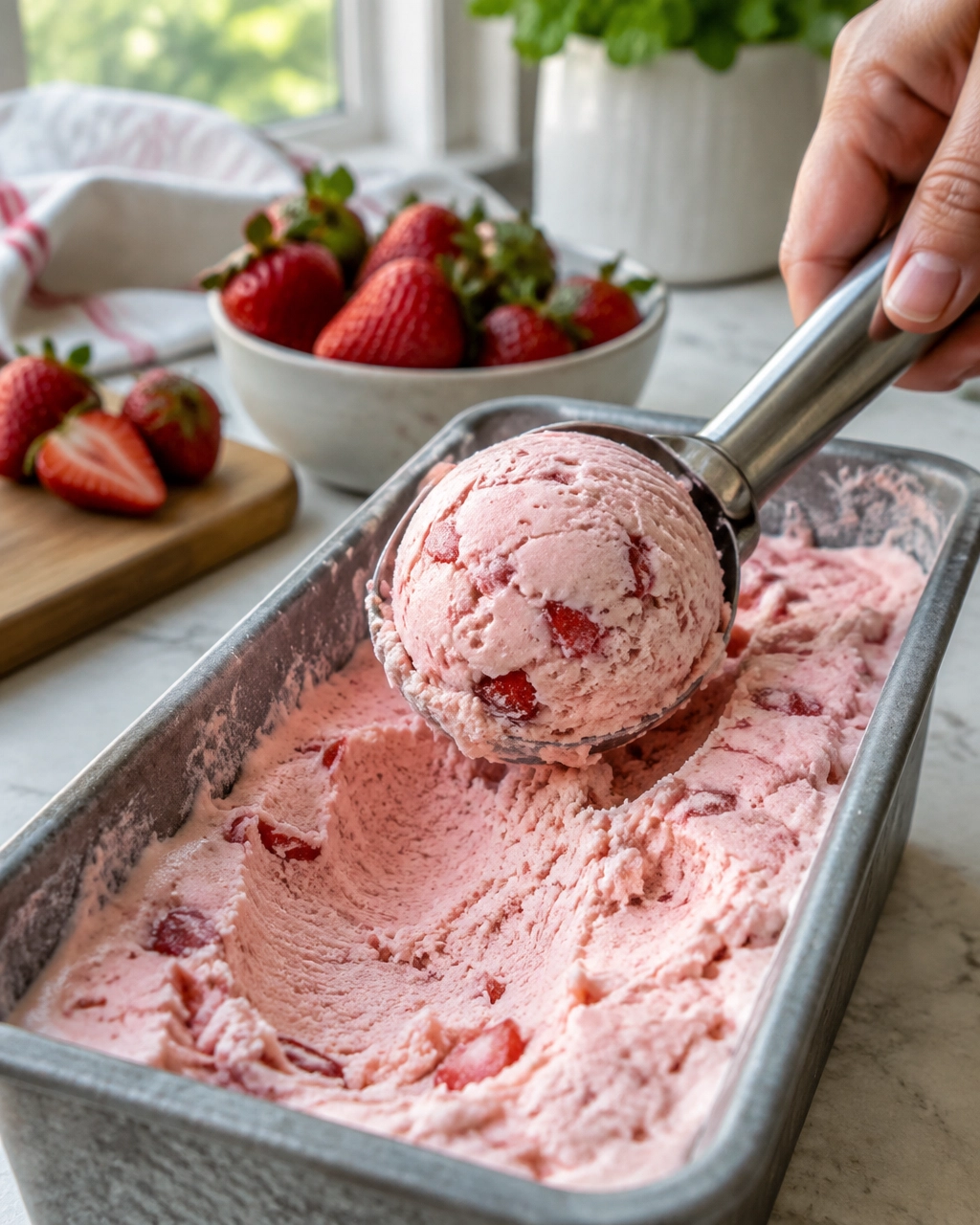 Metal scoop lifting creamy homemade strawberry ice cream from a freezer container